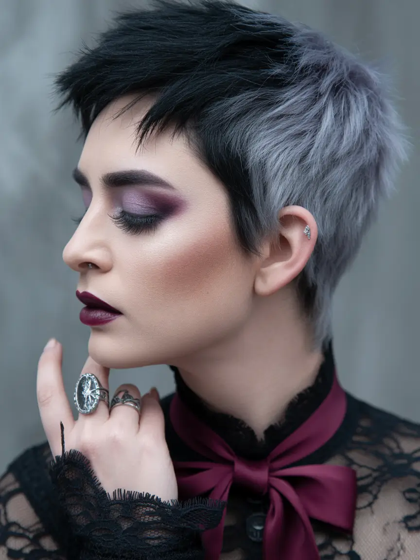 spring hair trends Edgy Pixie With Silver Shadow Contrast