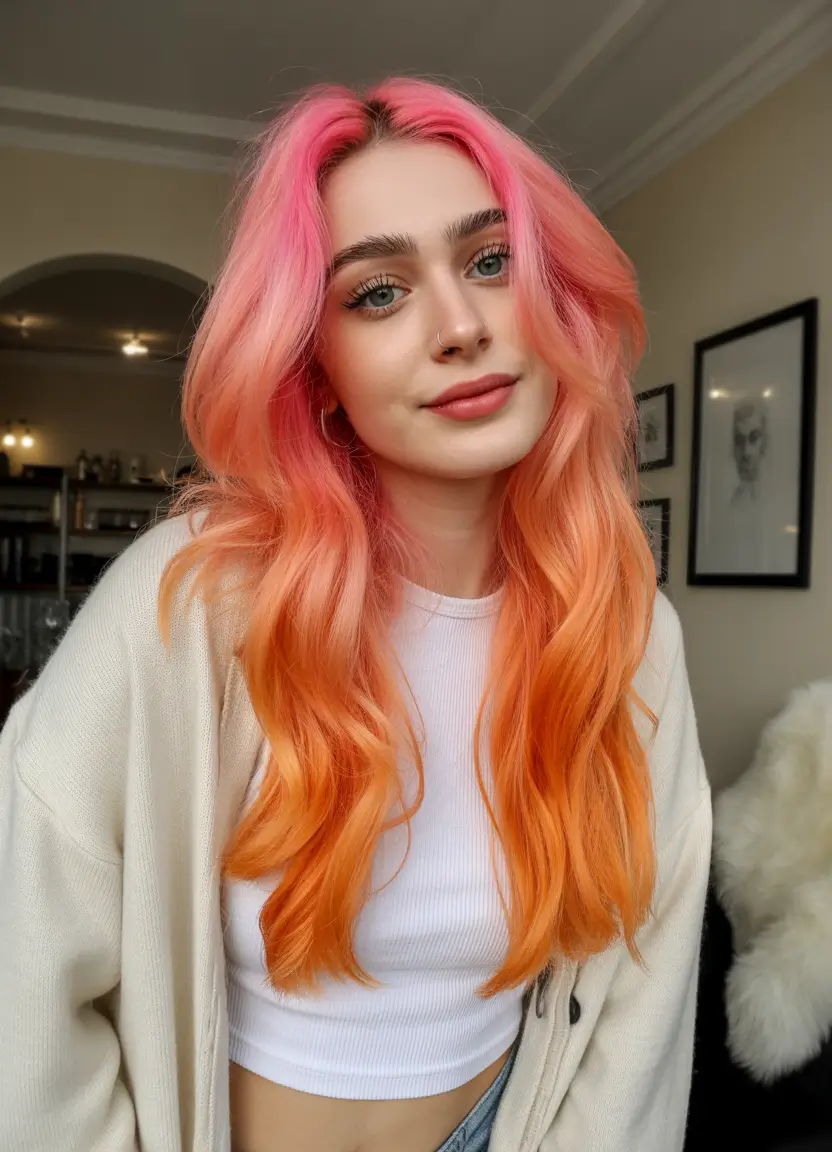 spring hair trends Sunset Melt Long Hair With Pink And Peach Glow