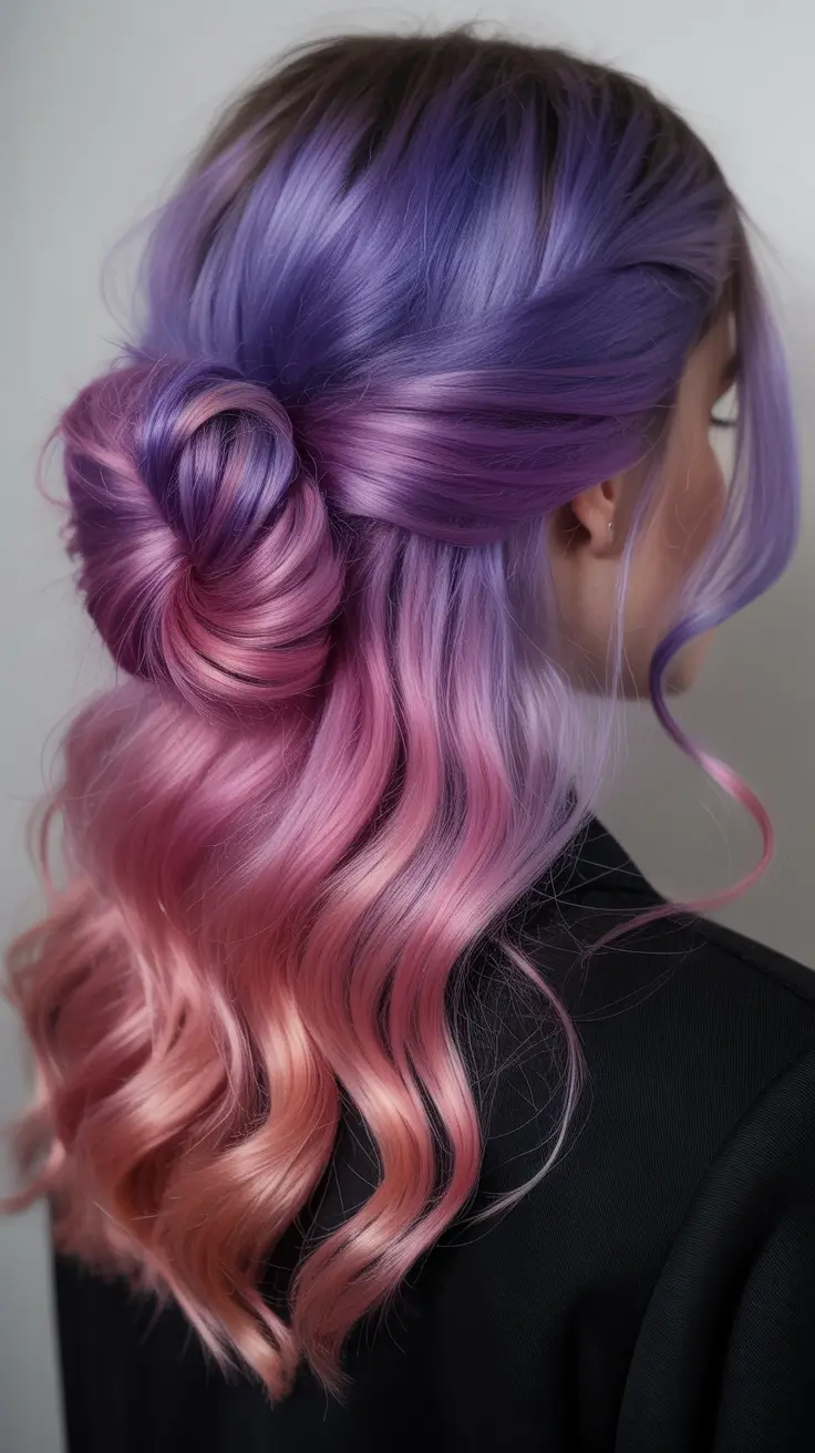 spring hair trends Lavender To Rose Waves With Romantic Low Bun Detail