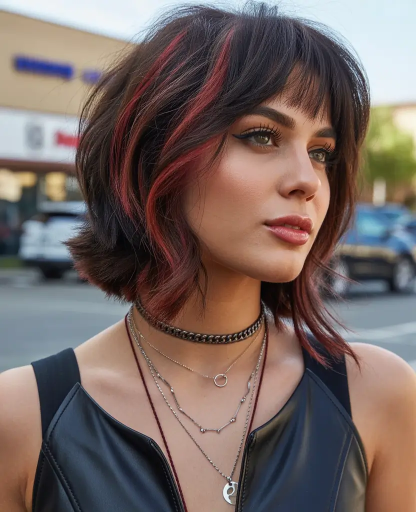 spring hair trends Dark Shag Bob With Cherry Red Ribbons