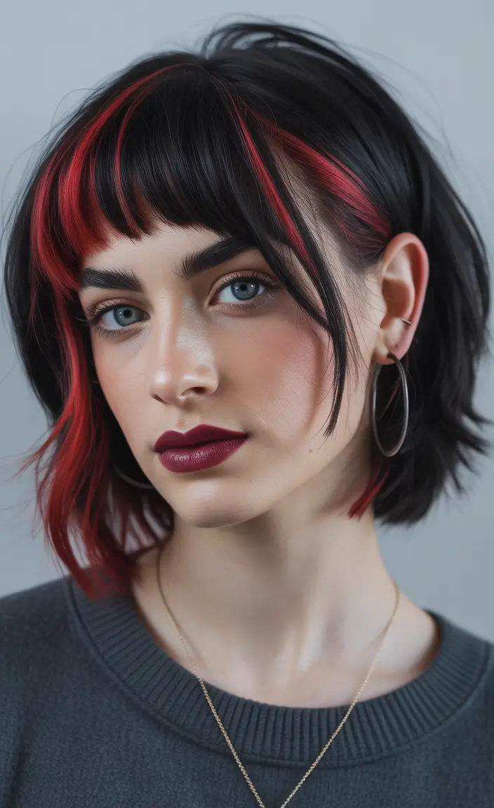 spring hair trends Graphic Bangs With Crimson Contrast Highlights