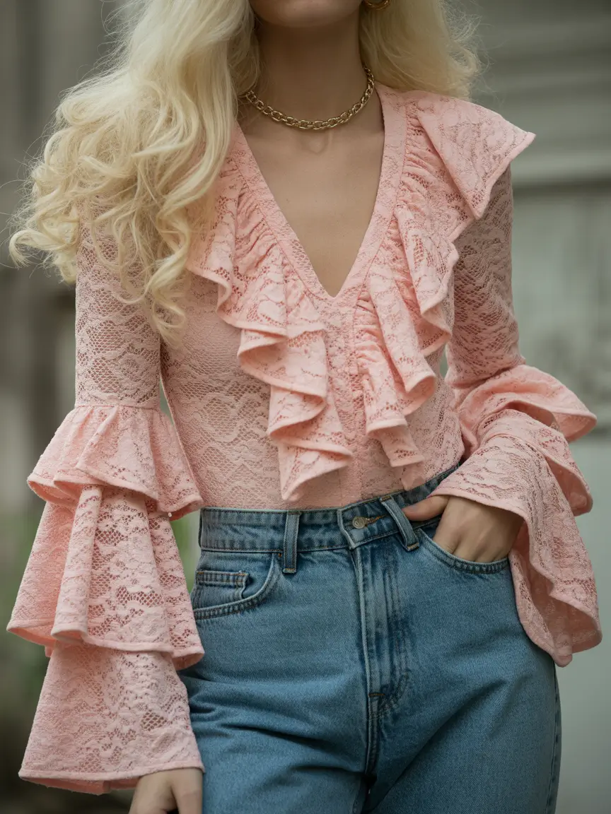 spring date night outfit Ruffled Lace Top with Casual Jeans Energy for a Flirty Date Twist