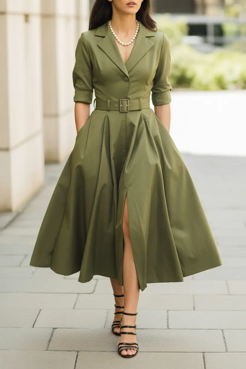 spring date night outfit Olive Belted Sophistication for a Classy City Date