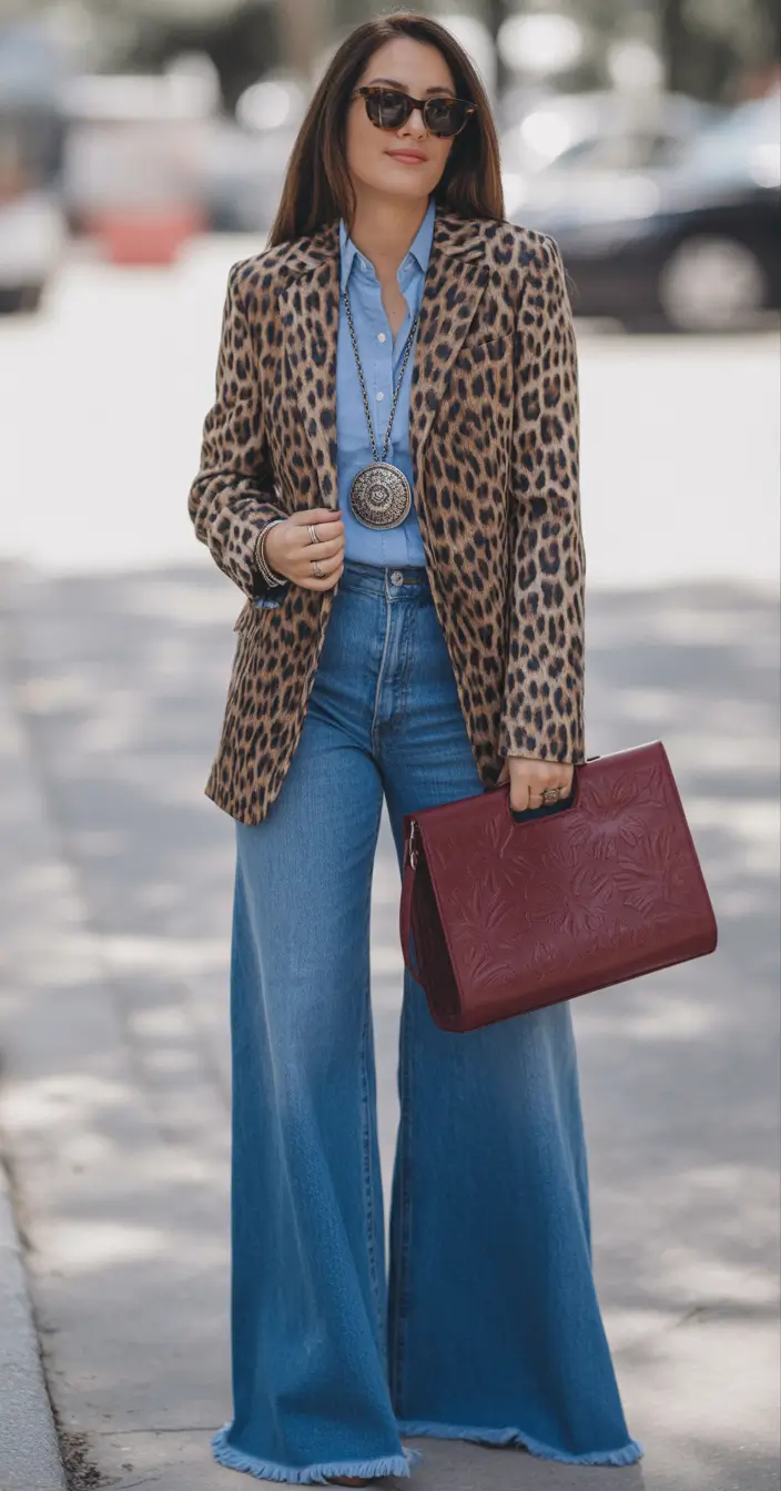 spring jeans outfit Leopard Layers and Denim With Attitude