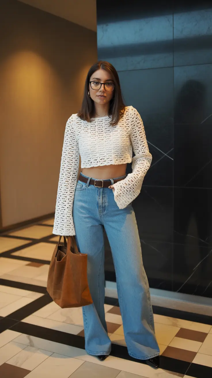 spring jeans outfit Textured Cropped Tops With Confident Denim