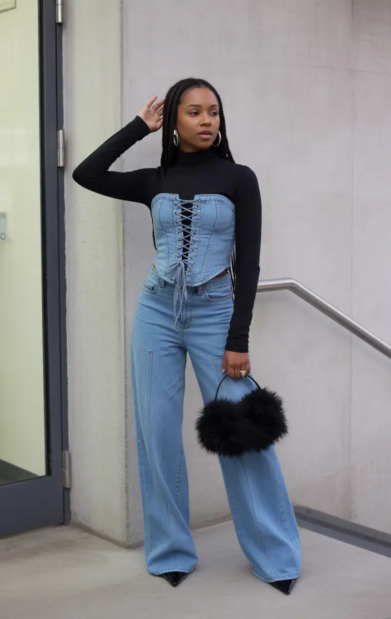 spring outfits black women Denim Corset Layers for a Bold Night-Out Spring Moment