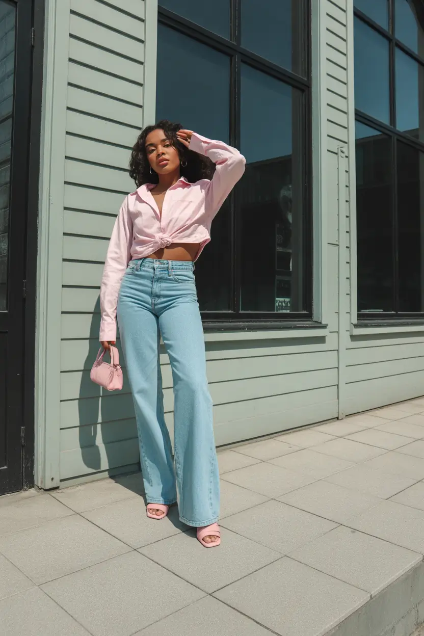 spring outfits black women Soft Pink Cropped Shirt and Wide Denim for Spring Romantic Ease