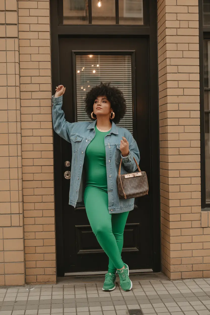 spring outfits black women Bold Green Body Suit Style With Denim Layering Energy