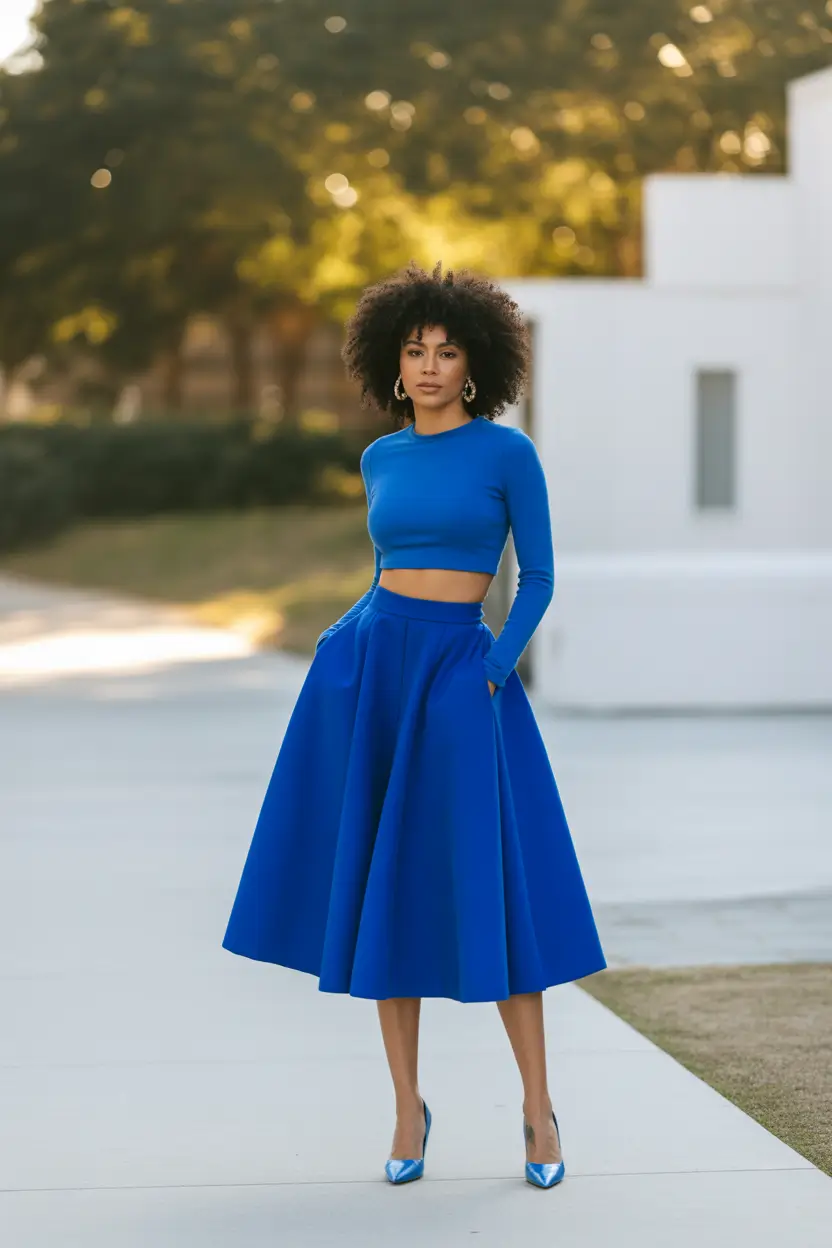 spring skirt outfits Bold Blue Monochrome With a Modern Cute Twist