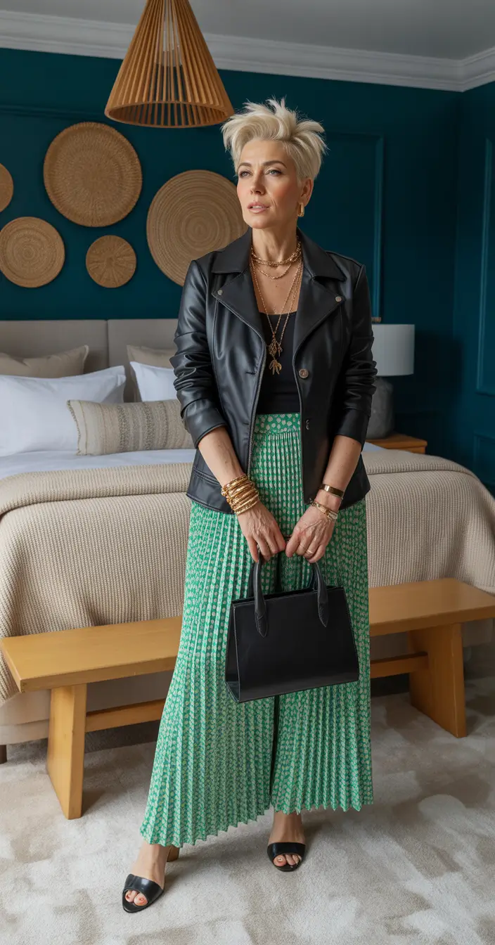 spring skirt outfits Leather Jacket and Green Pleats for Edgy Spring Style