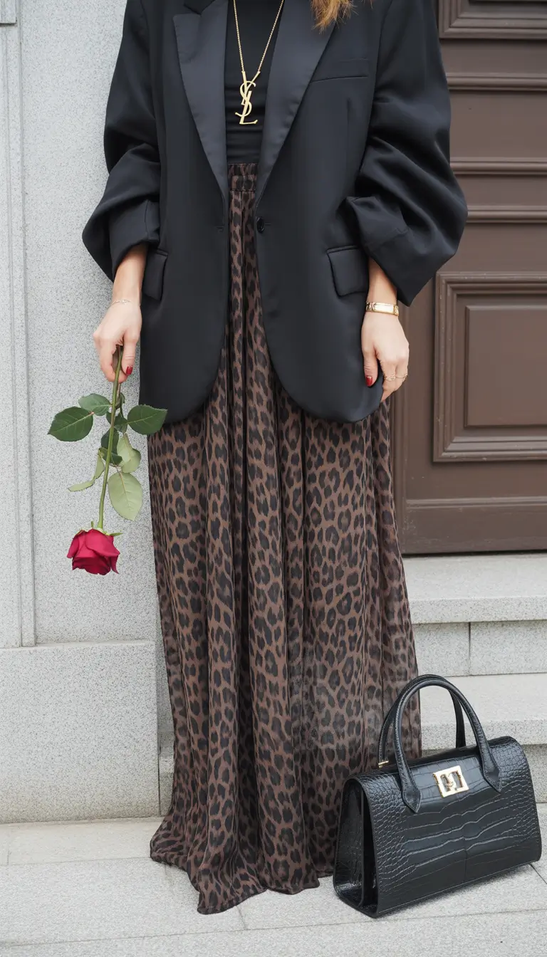 spring skirt outfits Black Blazer and Long Leopard Skirt for Timeless Inspo
