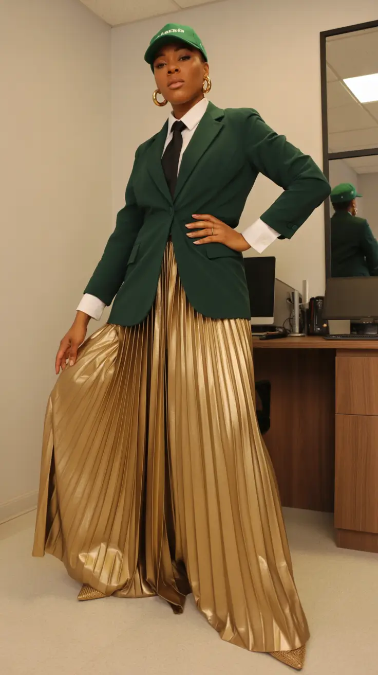 spring skirt outfits Power Play With a Metallic Twist