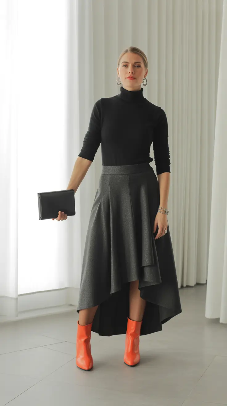 spring skirt outfits Black Minimalism With a Flash of Bold Color
