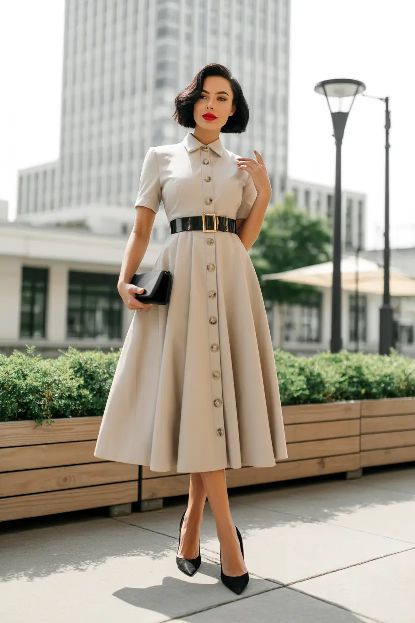 spring wedding guest outfit Retro-Inspired Beige with City Polish