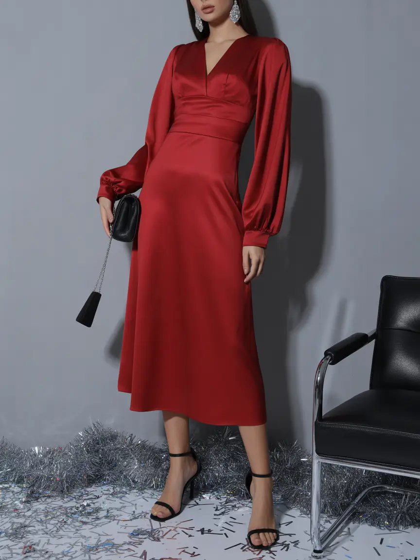 spring wedding guest outfit Classic Red with Long-Sleeve Drama