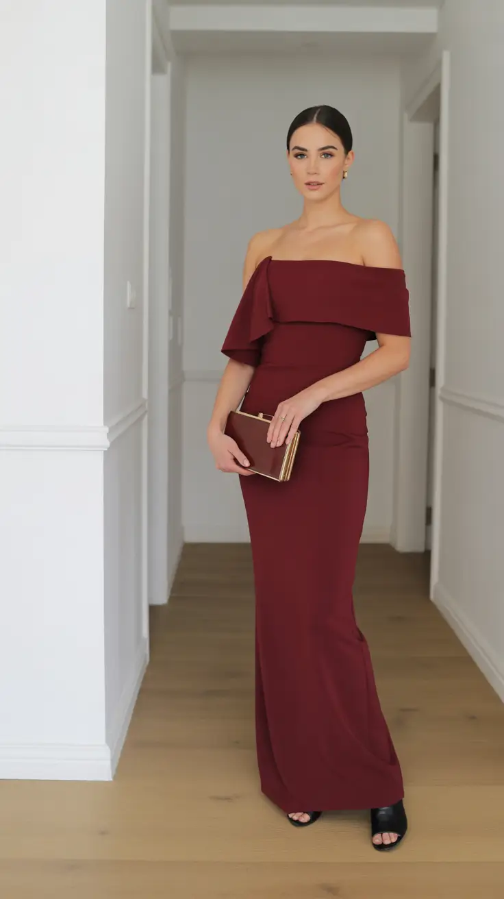 spring wedding guest outfit Off-the-Shoulder Burgundy Elegance
