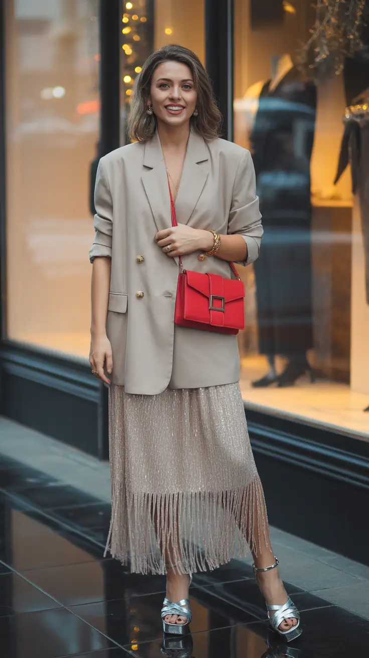 spring wedding guest outfit Relaxed Tailoring with a Hint of Shine