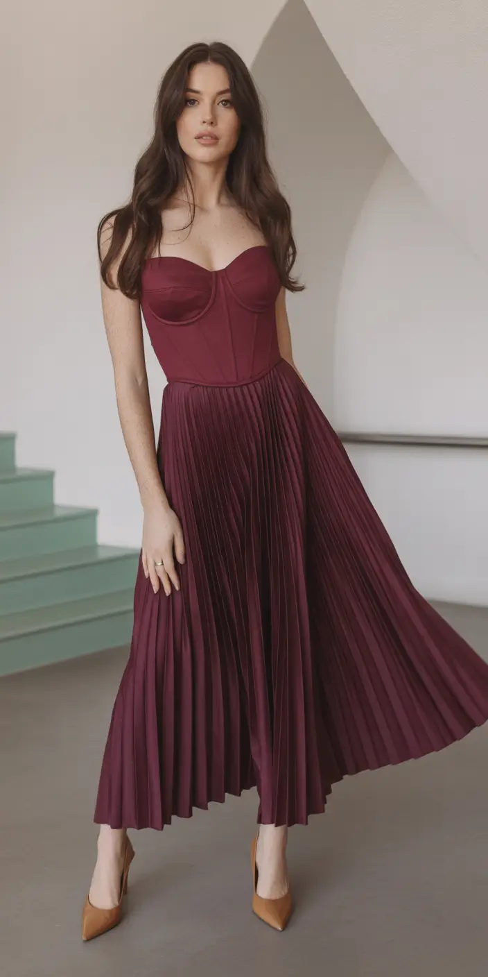 spring wedding guest outfit Plum Pleats with Modern Romance
