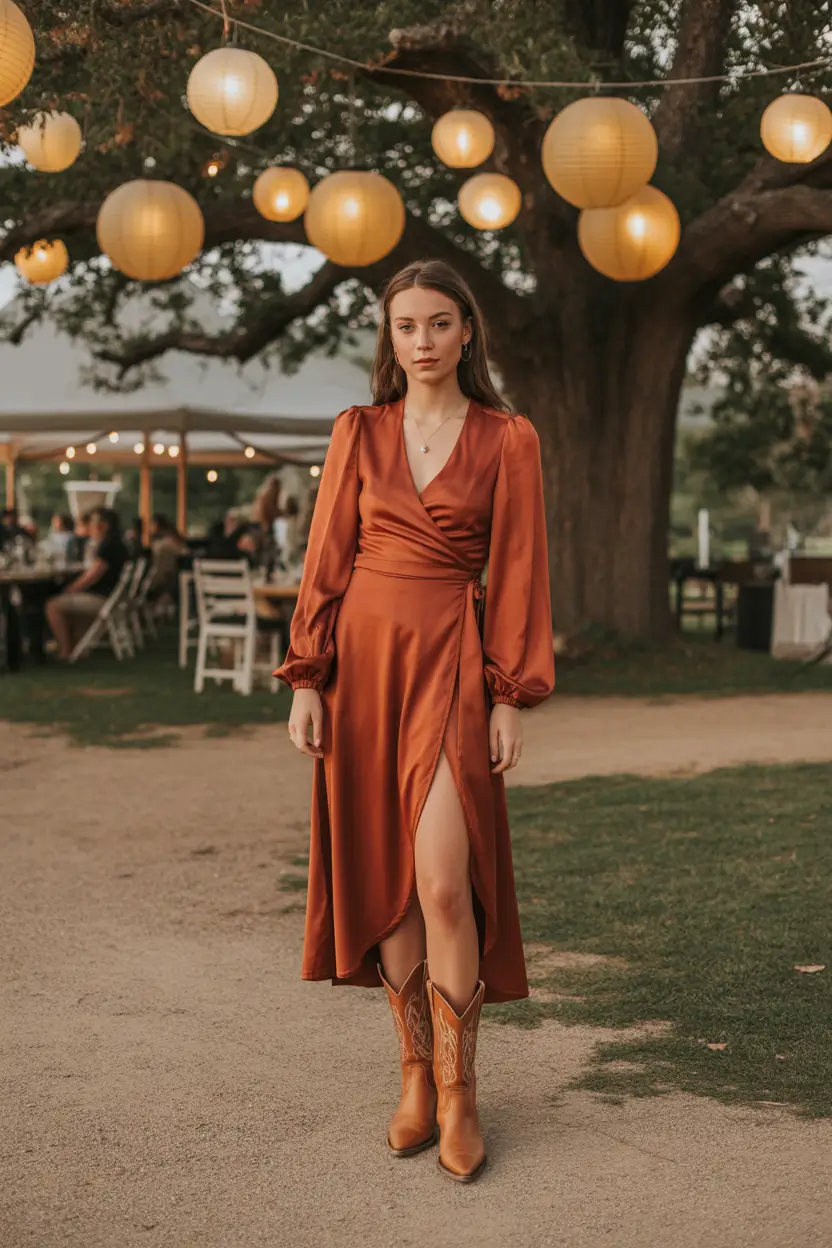 spring wedding guest outfit Warm Rust Tones with a Western Twist