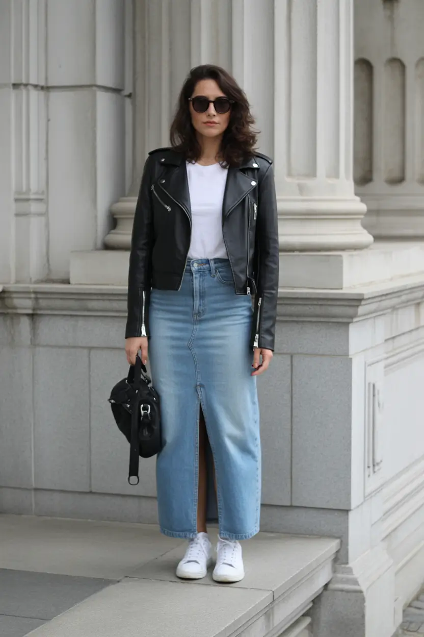 midsize spring outfits Leather Layers and Feminine Denim
