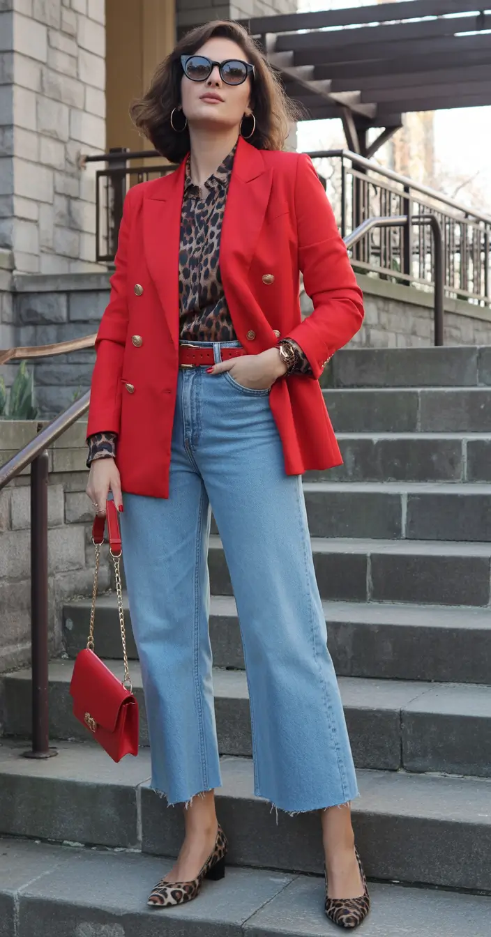 spring business casual outfits Red Power Blazer With Denim Confidence