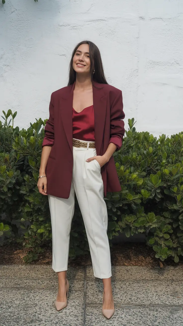 spring business casual outfits Burgundy Soft Tailoring With Cream Neutrals