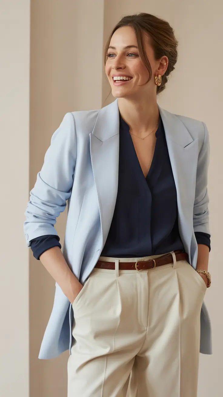 spring business casual outfits Powder Blue Blazer With Timeless Neutrals