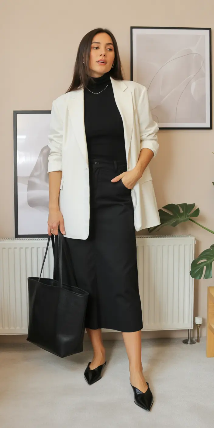 spring business casual outfits White Blazer With Black Minimalism
