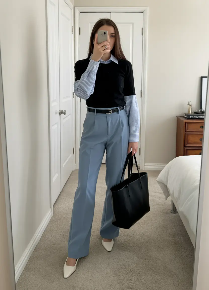 spring business casual outfits Clean Lines and Cool Blues