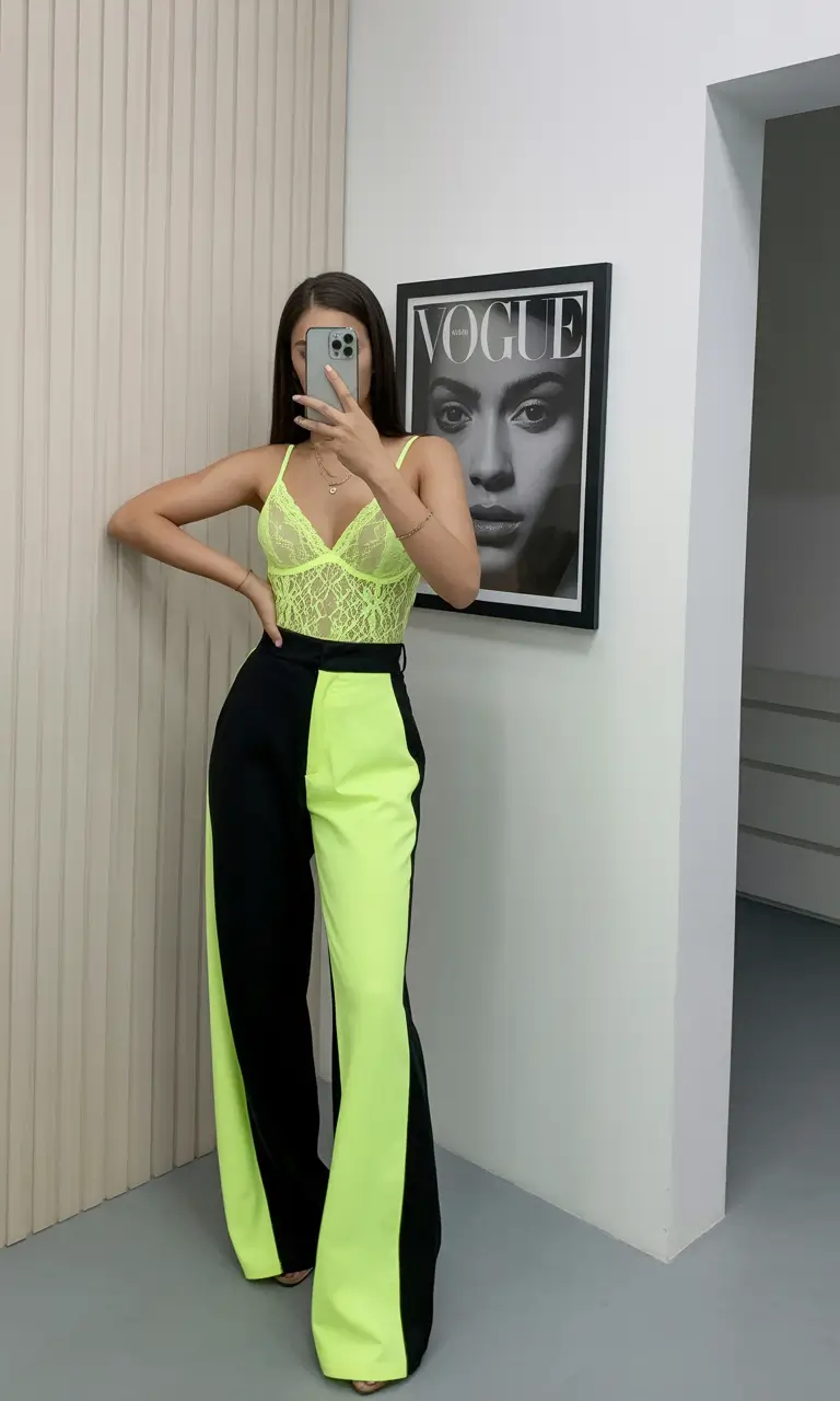 spring going out outfits Neon Lace and Statement Pants for a Bold Night 2026 Club Look