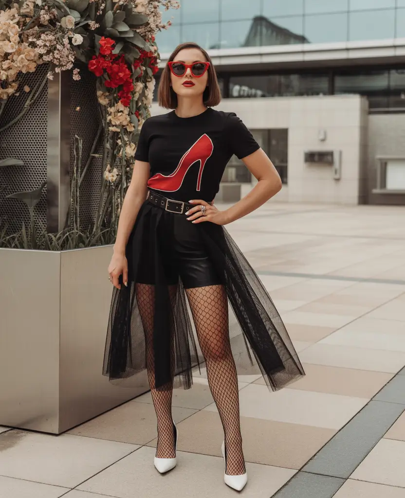 spring going out outfits Graphic Tee and Tulle Layers for Cute Night Casual Energy