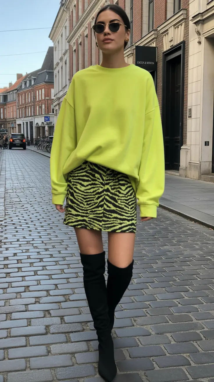 spring going out outfits Neon Sweaters and Zebra Mini Skirts for Cute Night Casual Inspo