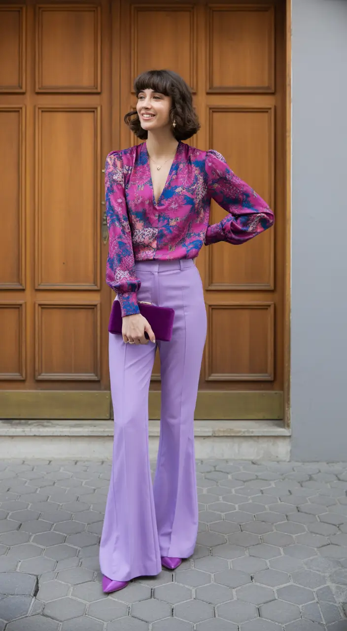 spring going out outfits Purple Trousers and Floral Tops for Spring Night Casual Color Romance
