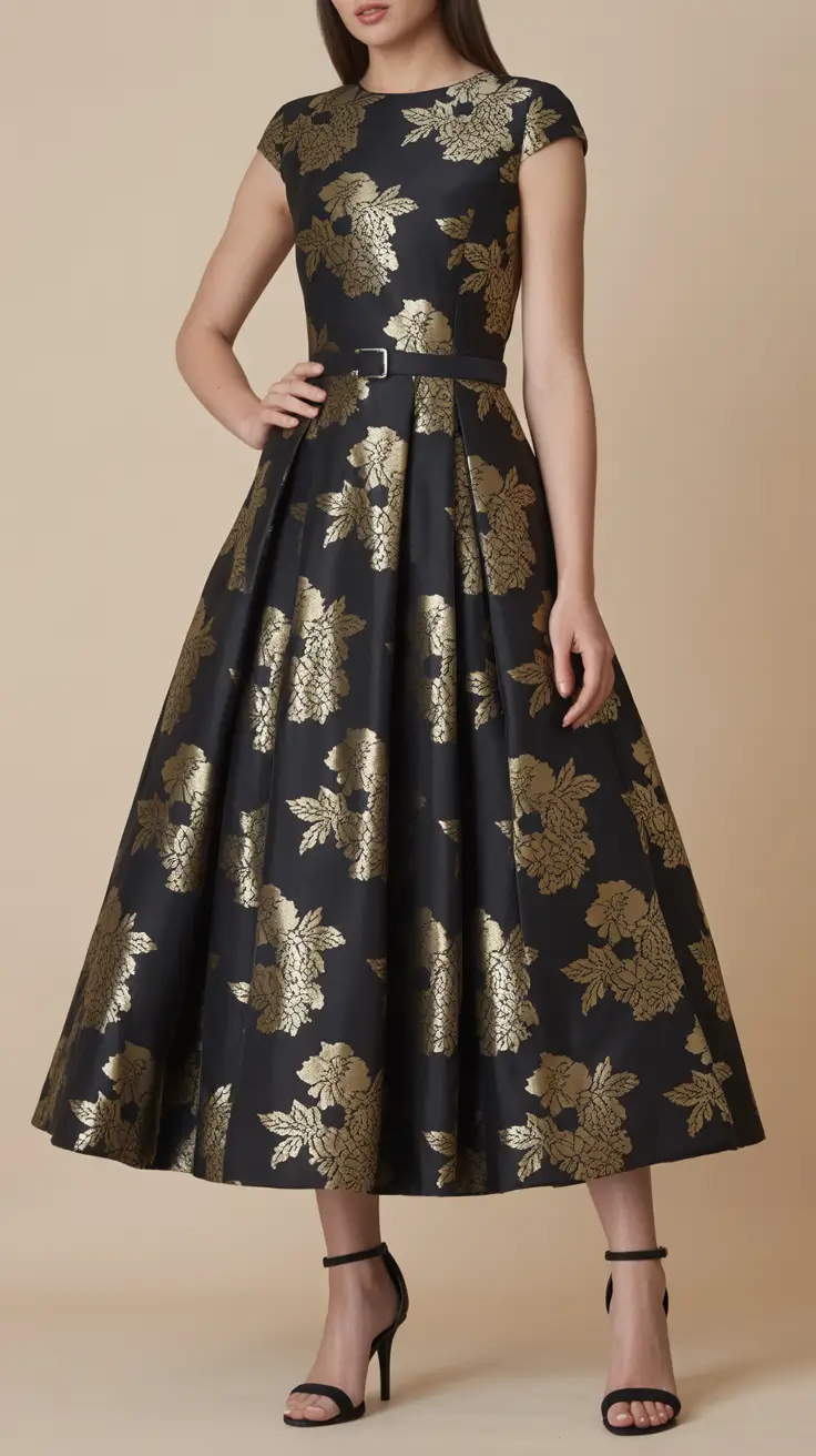 spring wedding outfit Black and Gold Florals for Structured Romance