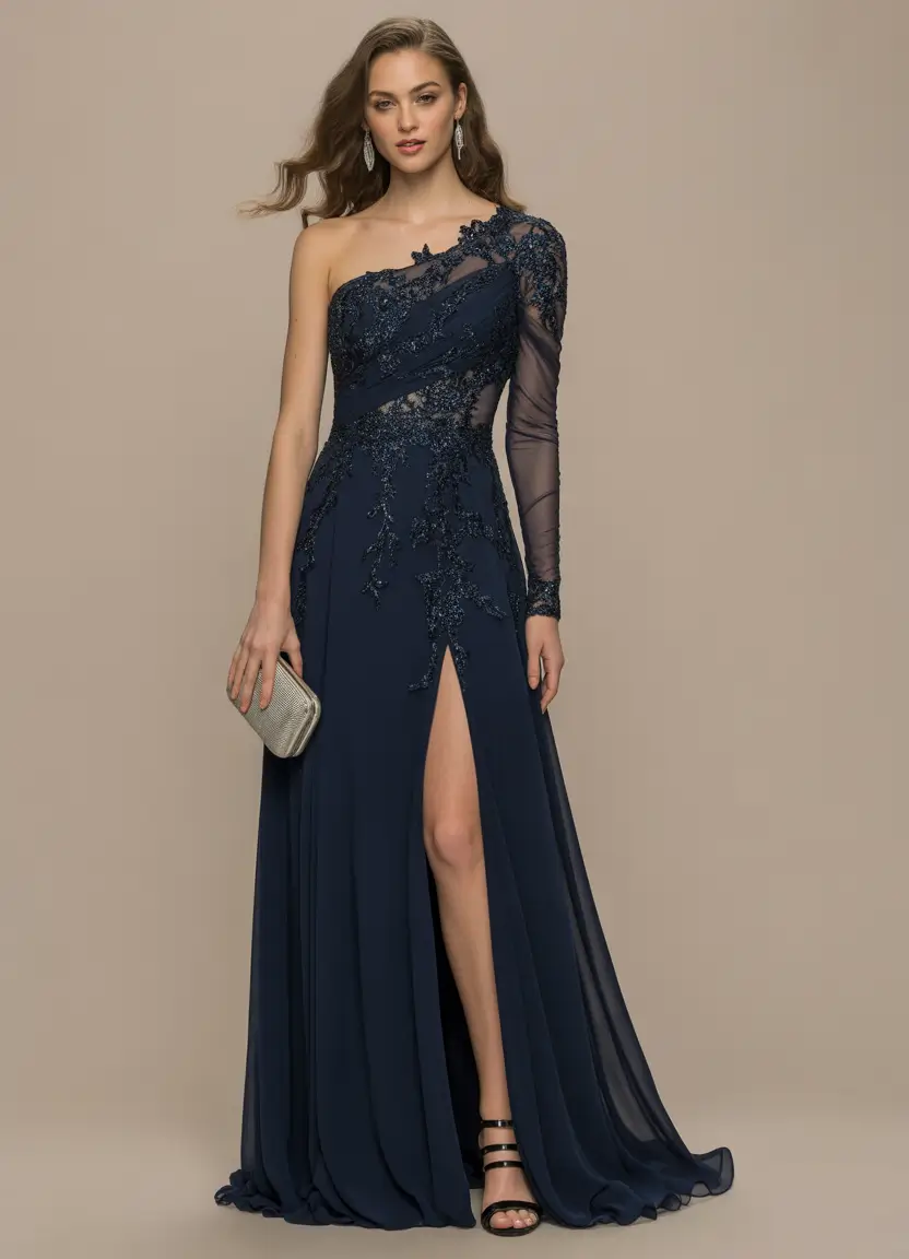 spring wedding outfit Navy Elegance with Modern Asymmetry