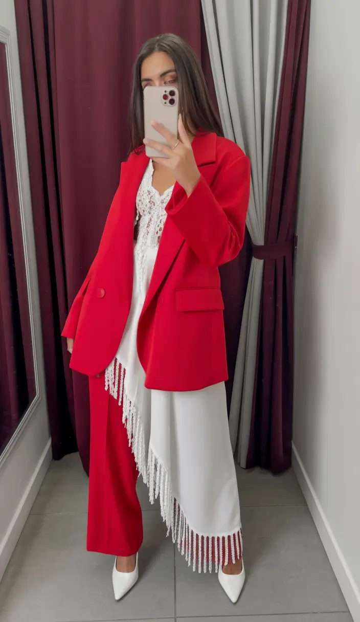 spring wedding outfit Red Tailoring That Refuses to Be Background Noise