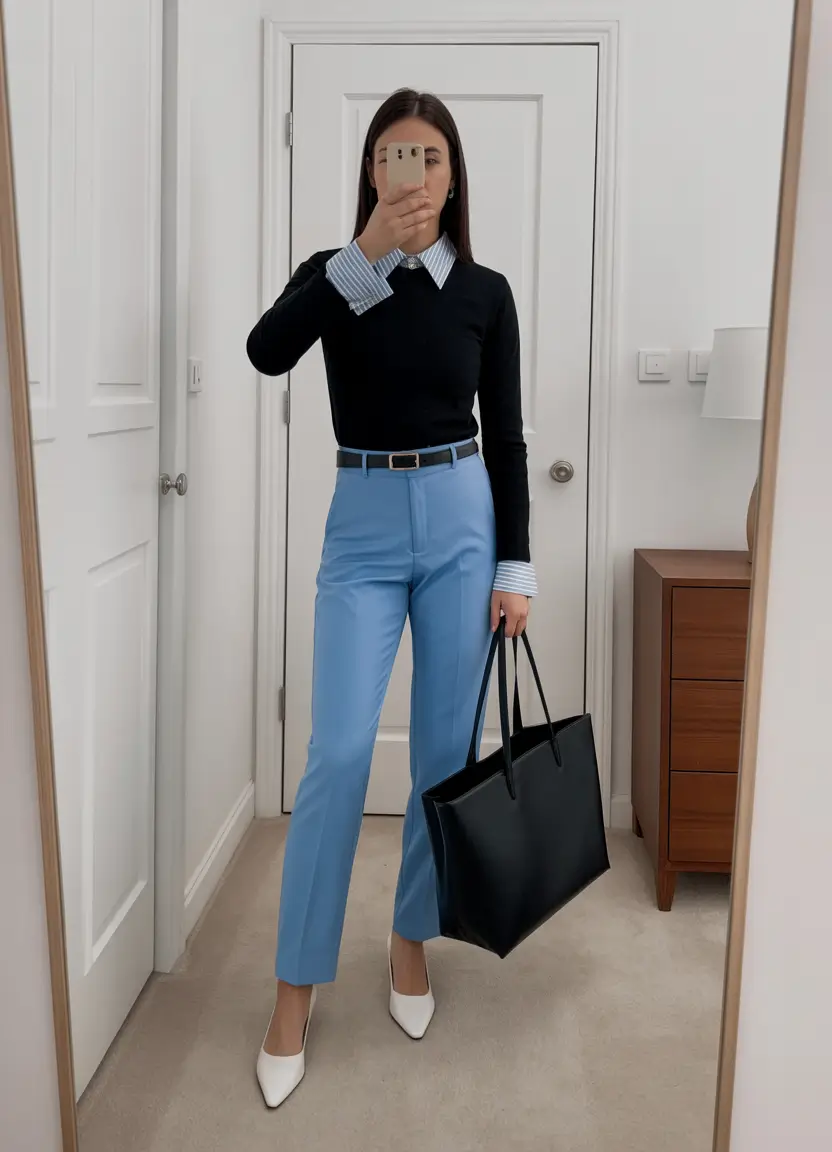spring work outfits Soft Blue Trousers for Smart Office Calm