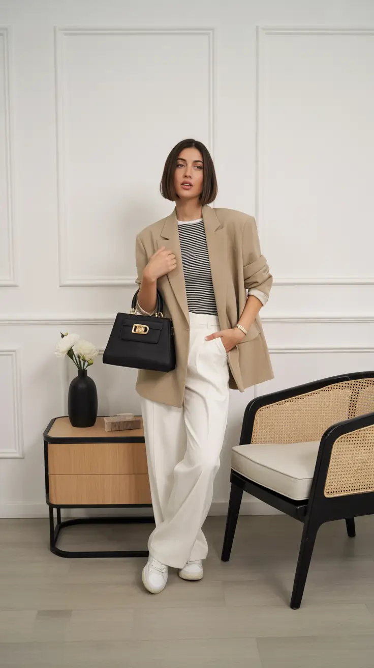 Spring 2026 Workwear Effortless Neutral Power - Soft Blazers and White Sneakers