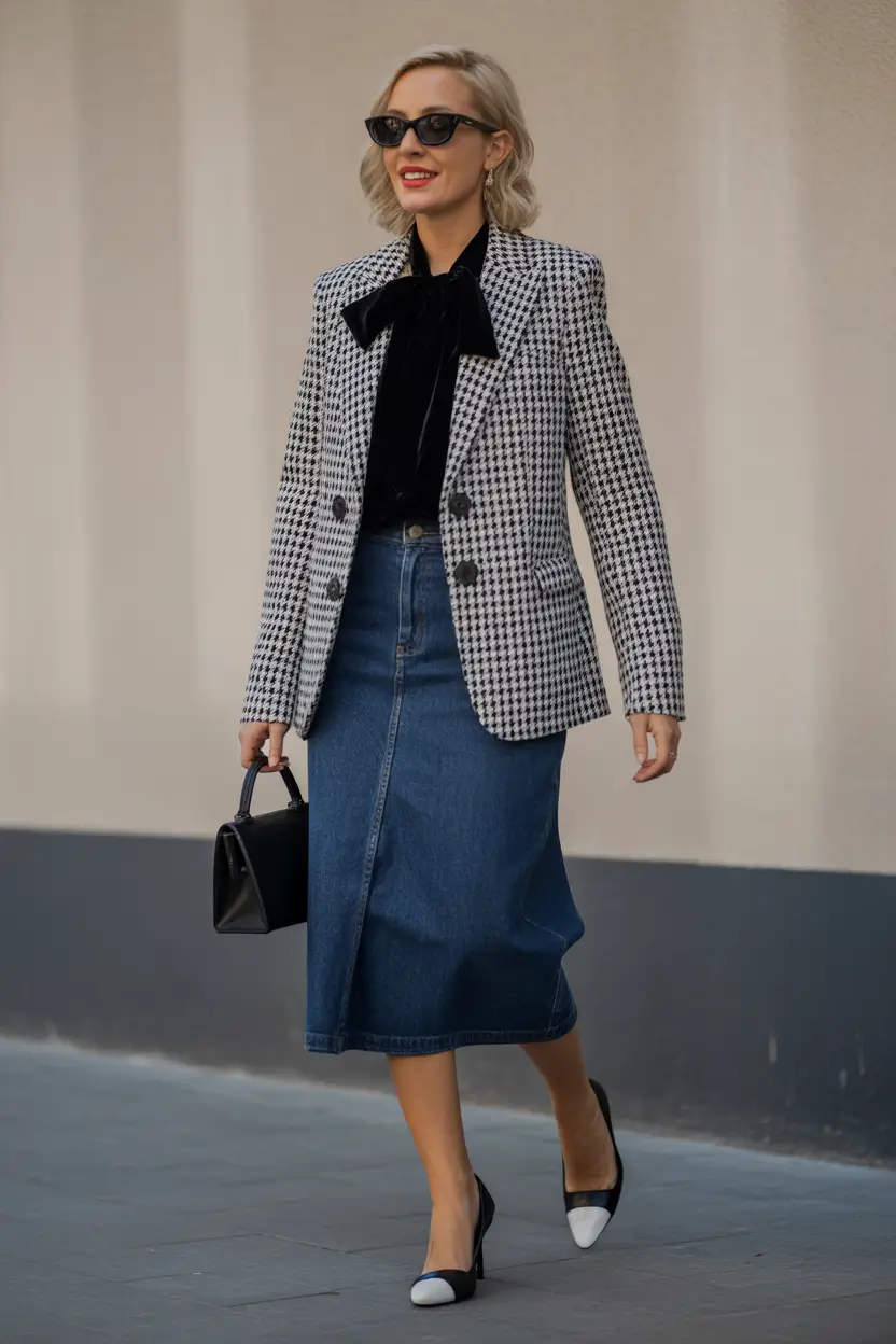 Spring 2026 Workwear Parisian Ease - Denim Pencil Meets Tailored Check