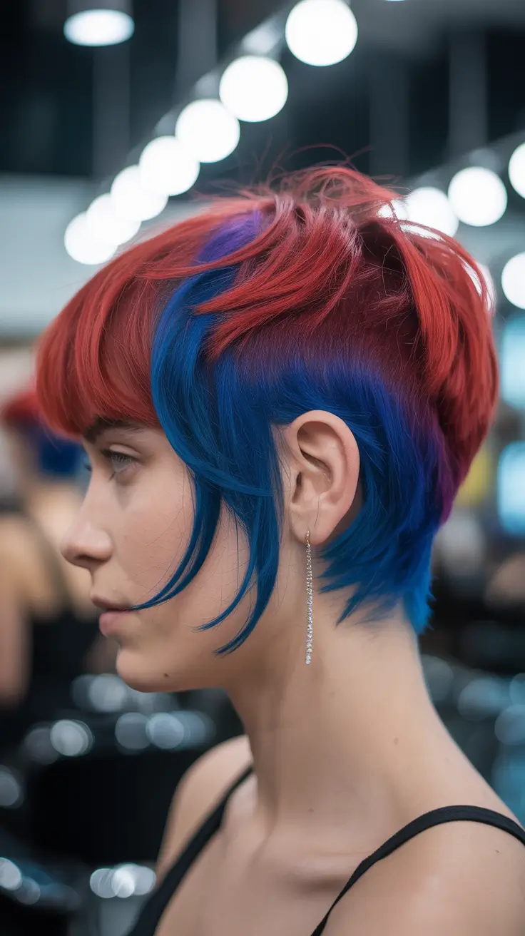 spring haircuts Red and Blue Color Block Pixie - The Bold Art-Girl Spring Cut