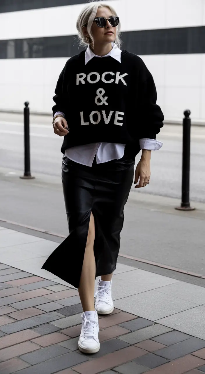 nyc spring outfits Graphic Knit Layers with Rock-and-Roll Ease