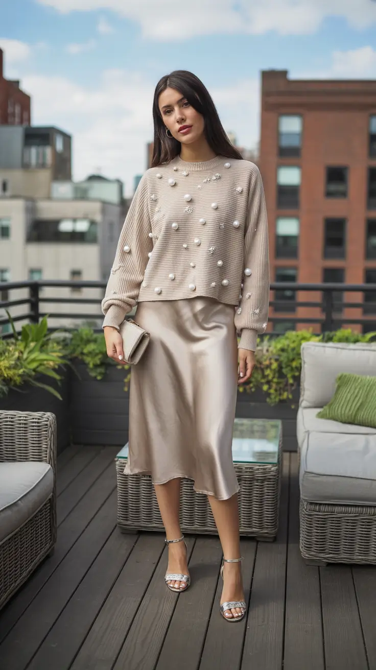 spring basic outfits Pearl-Textured Knit with a Satin Midi Skirt