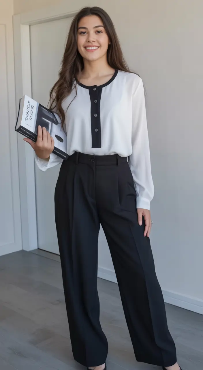spring basic outfits Soft Contrast Blouse with Tailored Black Trousers