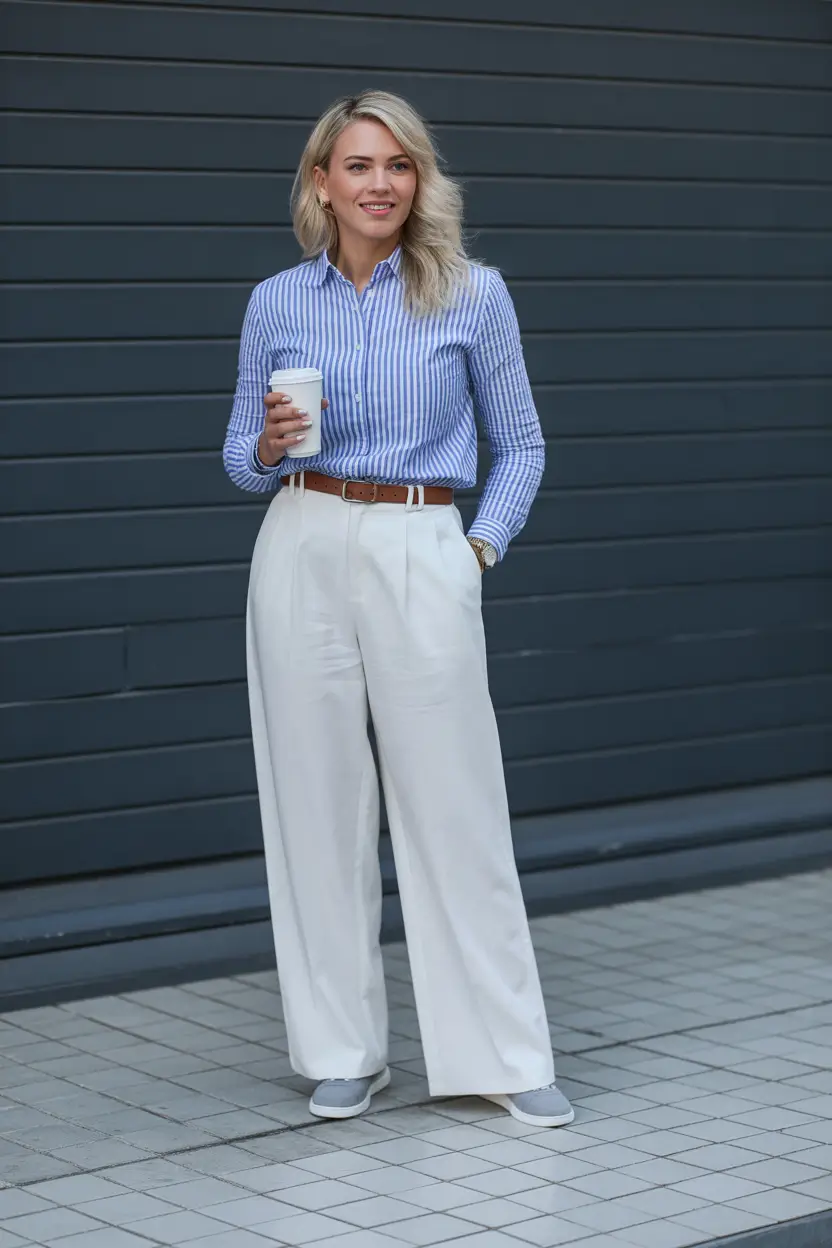 spring basic outfits Striped Button-Down with Wide White Pants