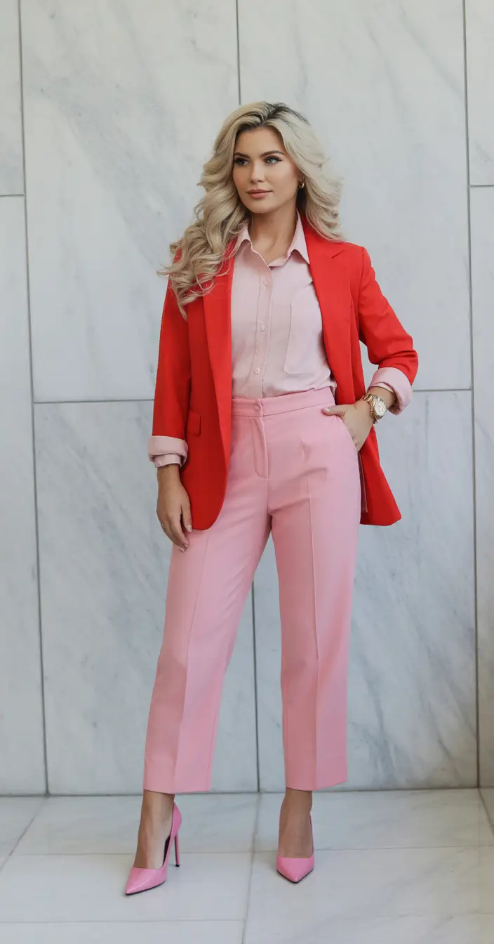 spring basic outfits Bold Red Blazer with Soft Pink Tailoring