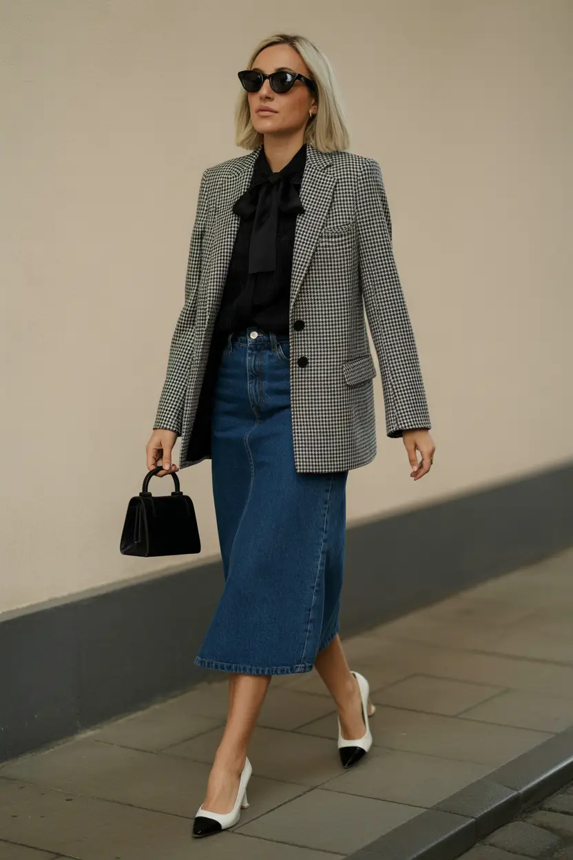 spring basic outfits Checked Blazer with a Denim Midi Skirt