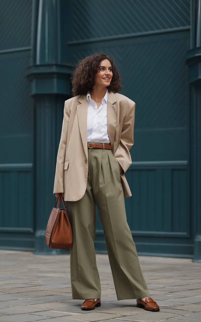 spring basic outfits Relaxed Blazer with Olive Wide-Leg Trousers