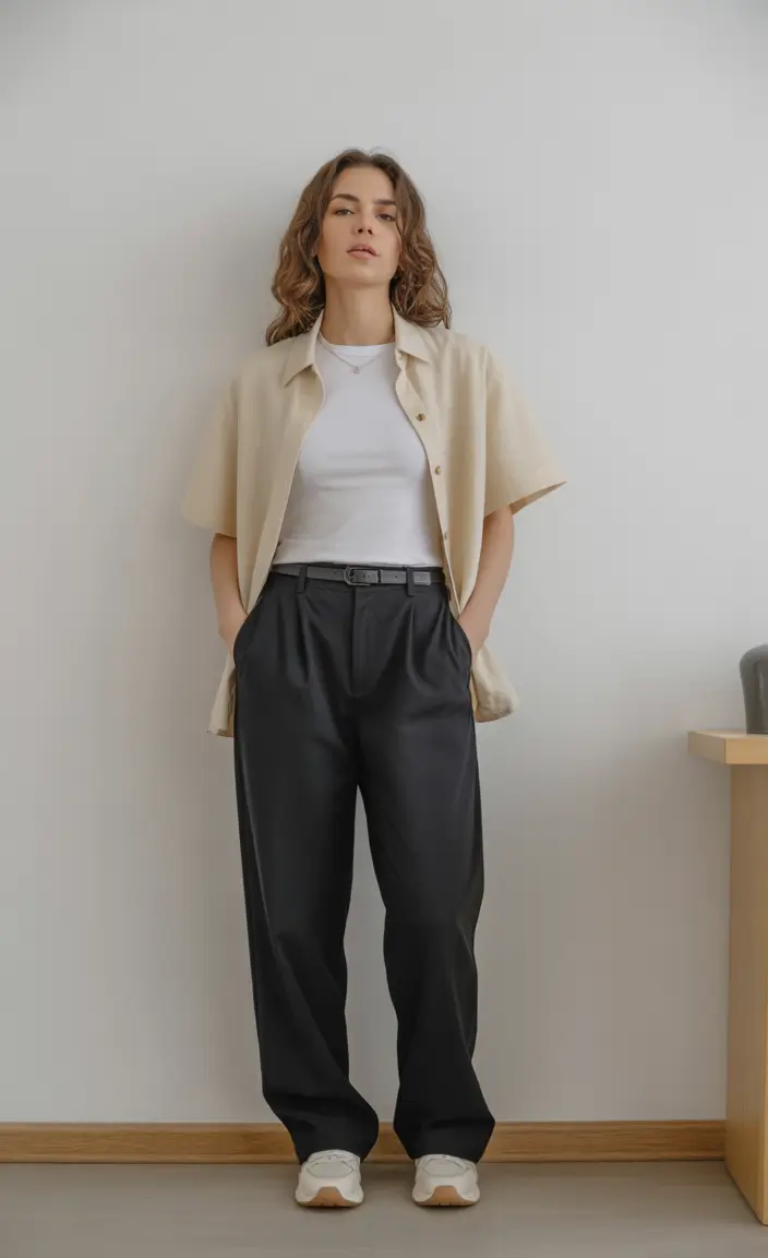 spring basic outfits Short-Sleeve Shirt with Tailored Black Trousers