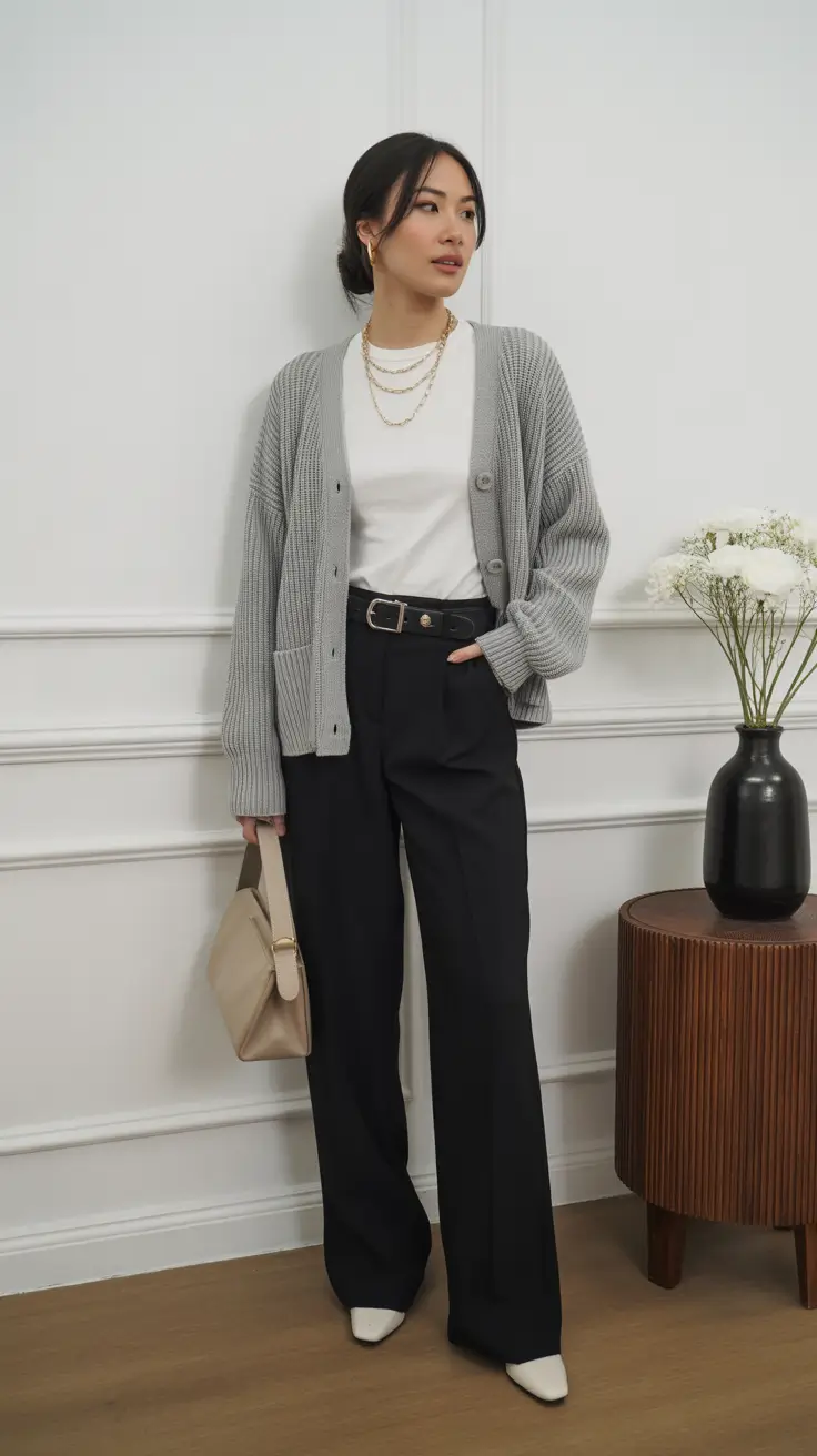 spring basic outfits Relaxed Cardigan with Tailored Black Trousers