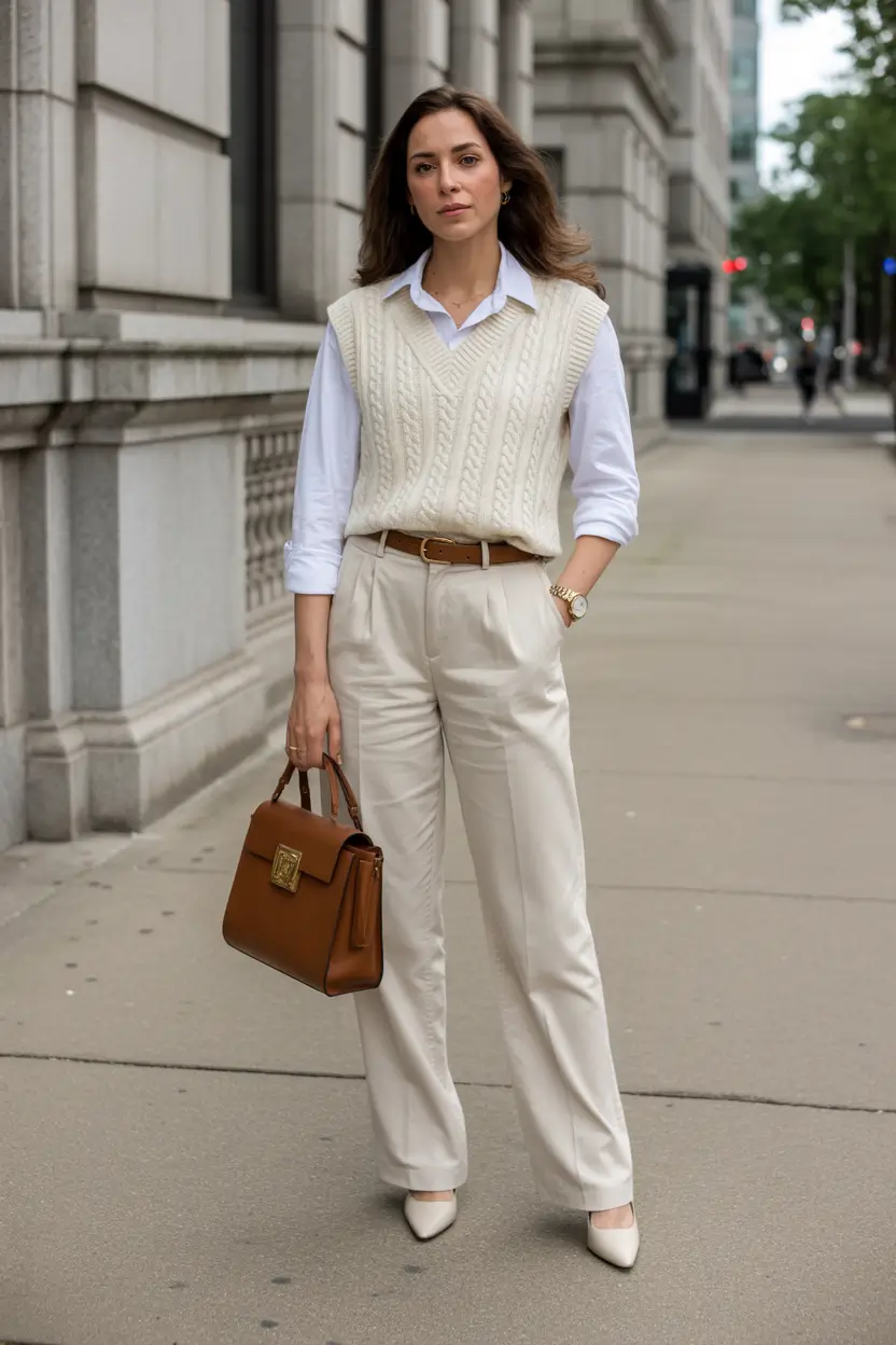 spring basic outfits Cable-Knit Vest with a Crisp White Shirt and Light Trousers